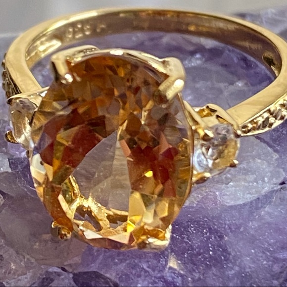 Large Real Citrine Faceted Oval & Topaz Ring Gold over 925 Silver Vermeil Size 7 - Picture 3 of 14